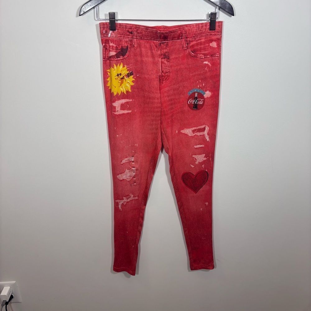 Coca-Cola Jean printed Leggings Faux Patches Red Leggings NEW XS